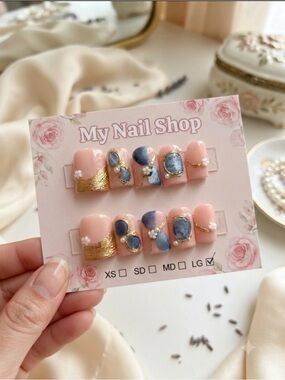 Pink & Blue Press-On Nails with Gold Accents